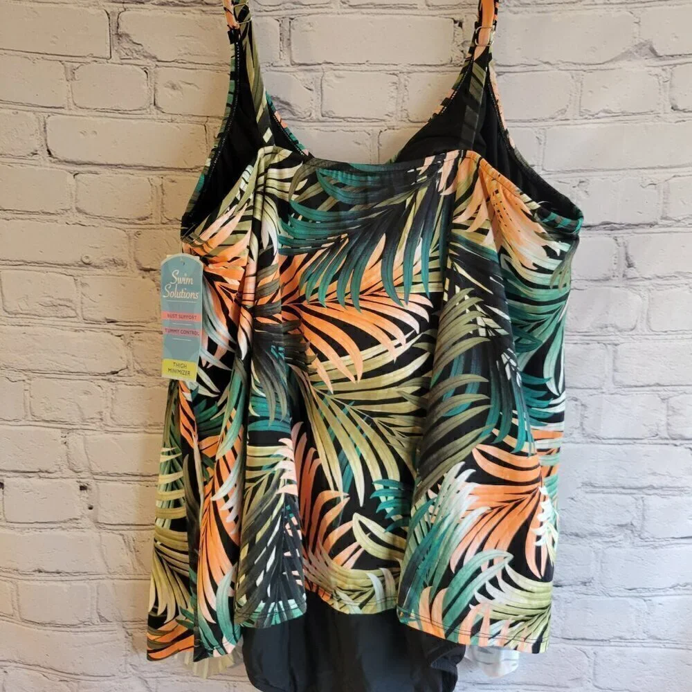 Swim Solutions Plus Size Tummy-Control Handkerchief One-Piece Fauxkini Swimsuit - Picture 5 of 7